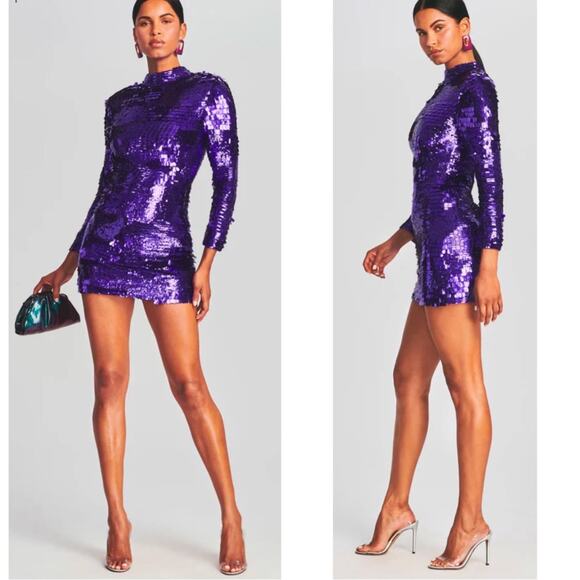 Retrofete April Sequin Embellished Long Sleeve Royal Purple Mini Dress Sz Large - Picture 2 of 12